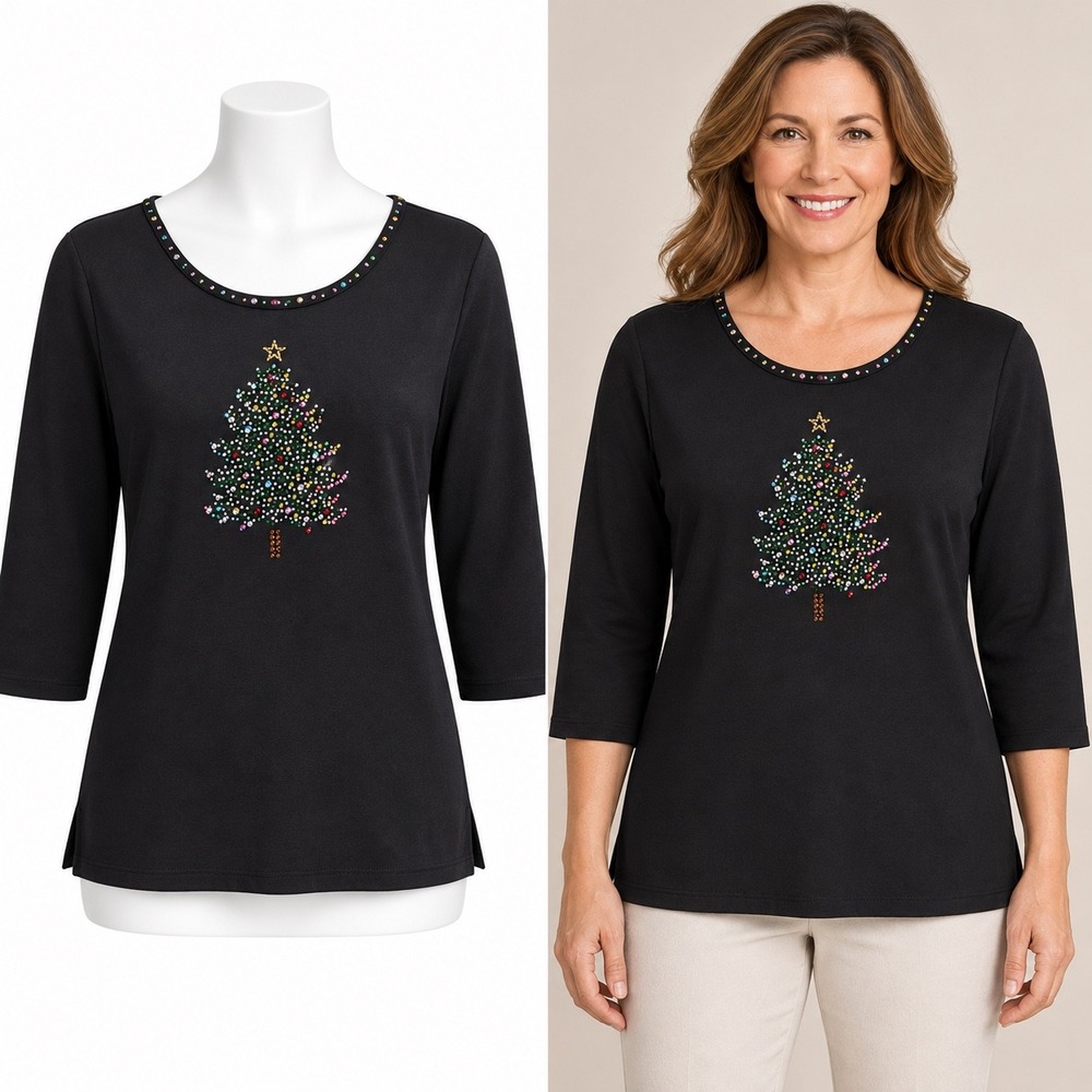 Quacker Factory Top Womens M Black Christmas Tree Rhinestone Embellished Tee